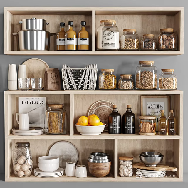 Organized Kitchenware Storage on Wooden Shelves with Jars Plates Cups and Lemons 3d model 