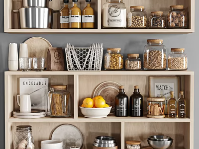 Organized Kitchenware Storage on Wooden Shelves with Jars Plates Cups and Lemons 3d model