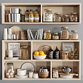 Organized Kitchenware Storage on Wooden Shelves with Jars Plates Cups and Lemons