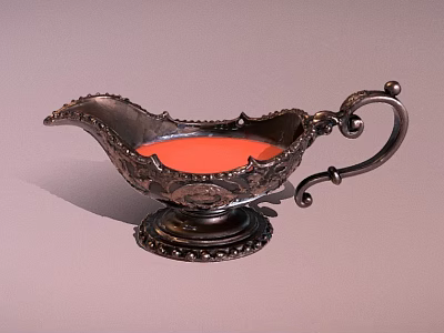 Ornate Metallic Candle Lamp With Carved Design Handle Decorative Base And Orange Wax 3d model