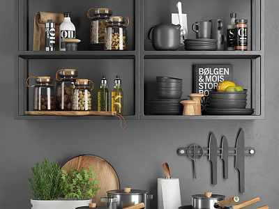 Modern Kitchenware Display On Shelves With Jars Teapot Plates Knives And Pots 3d model
