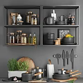 Modern Kitchenware Display On Shelves With Jars Teapot Plates Knives And Pots