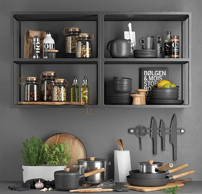 Modern Kitchenware Display On Shelves With Jars Teapot Plates Knives And Pots 3d model