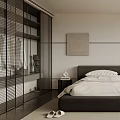 Modern Bedroom Interior With Gray Bed Frame White Bedsheets And Floor to Ceiling Windows 3d model