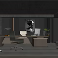 Modern Dark Toned Office Interior With Desk Computer Chair CHANEL Poster Green Plants And Lighting
