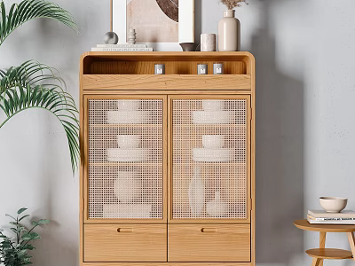 Wooden Sideboard With Rattan Doors And Dishes On Top With Decorative Items And Green Plant 3d model