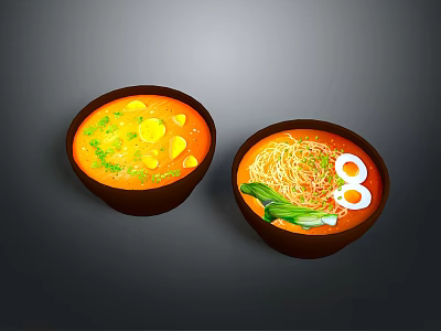 Two Bowls of Delicious Soup with Noodles Fried Eggs Leafy Greens Potato Chunks and Cilantro 3d model
