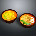 Two Bowls of Delicious Soup with Noodles Fried Eggs Leafy Greens Potato Chunks and Cilantro