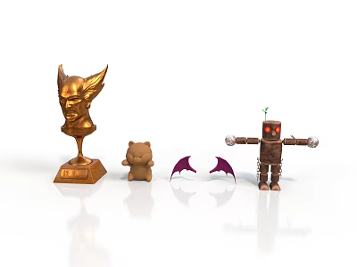 Golden Winged Helmet Statue Teddy Bear Figure Purple Bat Wings And Wooden Robot Model 3d model