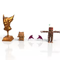 Golden Winged Helmet Statue Teddy Bear Figure Purple Bat Wings And Wooden Robot Model