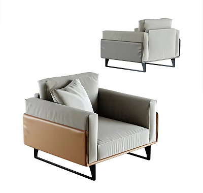 Modern Single Sofa With Light Gray And Brown Upholstery Black Metal Legs And Decorative Pillow 3d model