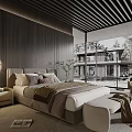 Modern Bedroom Interior With Wooden Wall Large Bed Floor To Ceiling Windows And Table Lamp