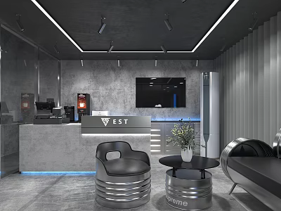 Modern Parking Garage Reception Area With Gray Walls Black Chairs And Potted Plants 3d model