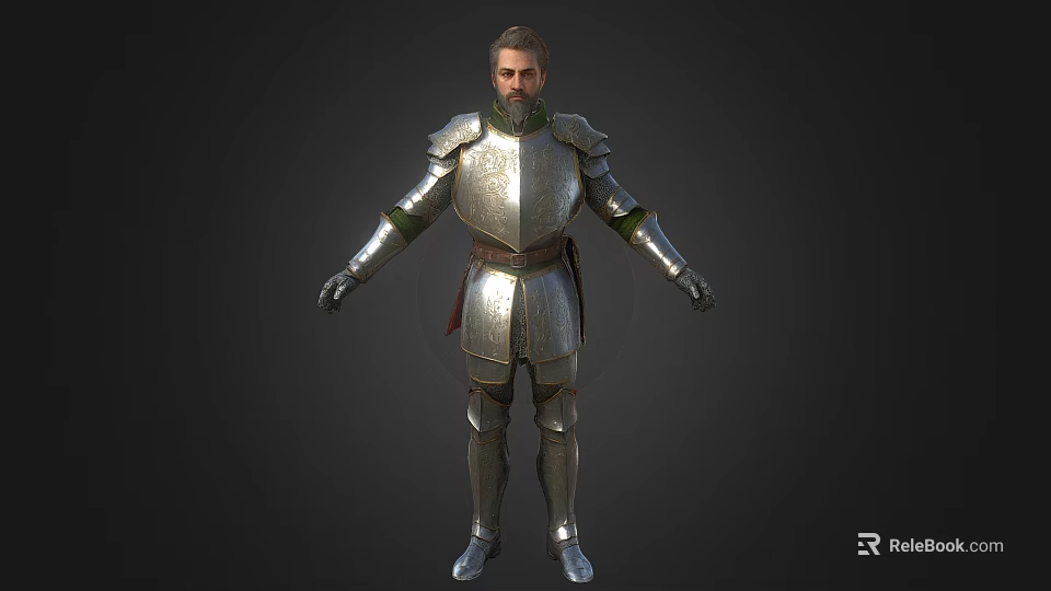 Man Wearing Full Shiny Silver Medieval Armor Standing with Arms Outstretched 3d model 