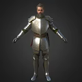 Man Wearing Full Shiny Silver Medieval Armor Standing with Arms Outstretched