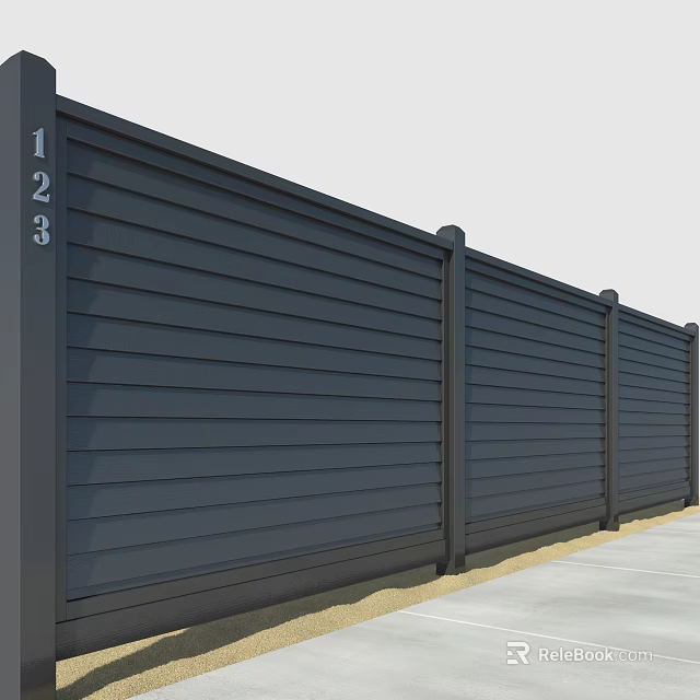 Modern Dark Gray Slatted Fence With Sturdy Metal Posts And Horizontal Panel Design 3d model 