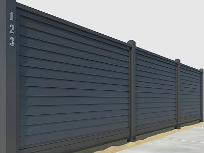 Modern Dark Gray Slatted Fence With Sturdy Metal Posts And Horizontal Panel Design 3d model