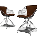 Modern Leisure Chairs With Brown Leather Seats And Black Metal Wire Mesh Backrests