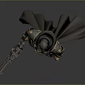 Horned Fantasy Warrior Character With Dark Armor Cloak And Large Gun Weapon
