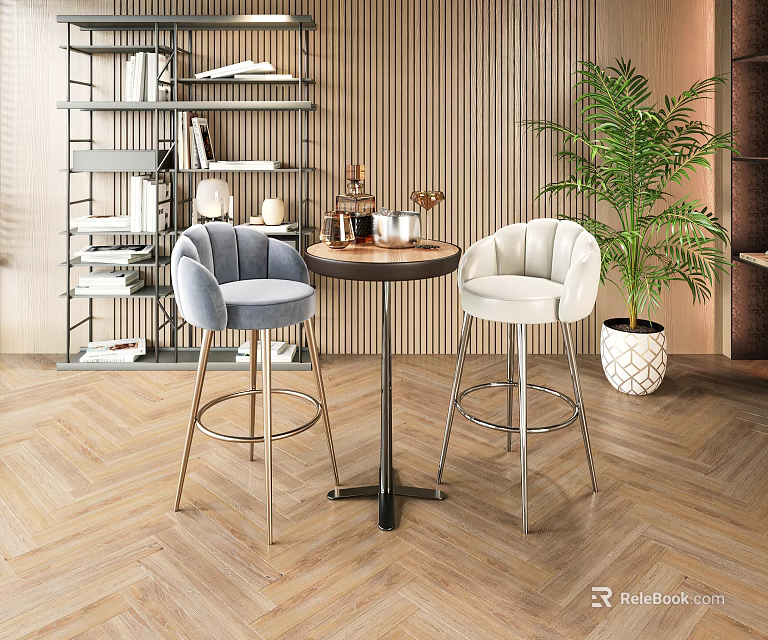Modern Bar with two bar stools round table wooden wall herringbone floor and green plant 3d model 