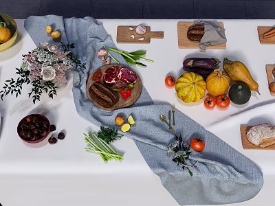 Fresh Assorted Foods On White Table With Bread Fruits Vegetables Meat Slices And Flowers 3d model