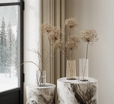 Dried Flowers in Transparent Vases on Marble Pedestals by Window with Snowy View 3d model