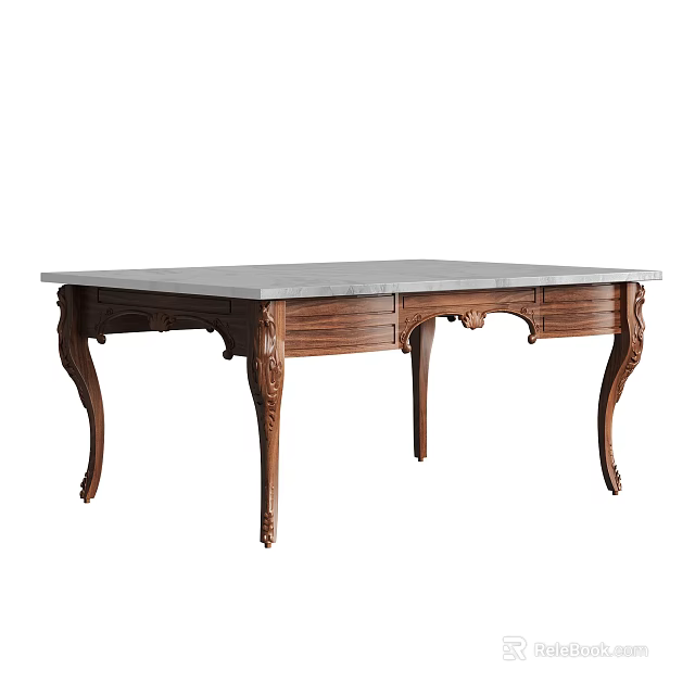 Elegant Wooden Desk With Carved Legs And Marble Top Featuring Drawers 3d model 