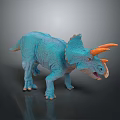 3D Rendered Blue Triceratops Model With Orange Horns And Textured Skin On Dark Background