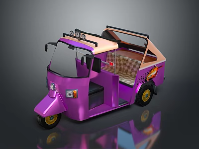 Purple Auto Rickshaw With Open Cabin Pink Top Checkered Seats And Flame Decal 3d model