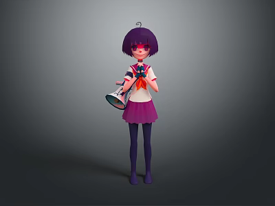 Anime 3D Game Character With Purple Short Hair Red Bow Pink Skirt Holding Megaphone 3d model