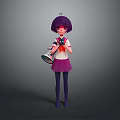 Anime 3D Game Character With Purple Short Hair Red Bow Pink Skirt Holding Megaphone