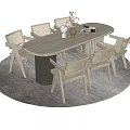 Wooden Oval Dining Table Set with Six Chairs Vase and Magazine on Gray Rug
