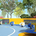 Modern Children's Playground With Blue Floor Central Tree Colorful Structures And Green Plants