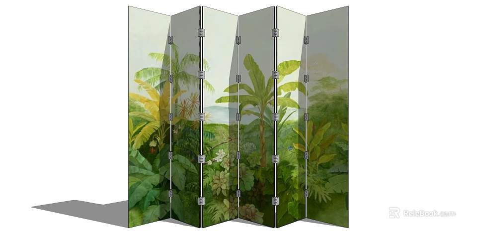 Folding Room Divider Screen With Tropical Plant Leaf Patterns For Interior Decor 3d model