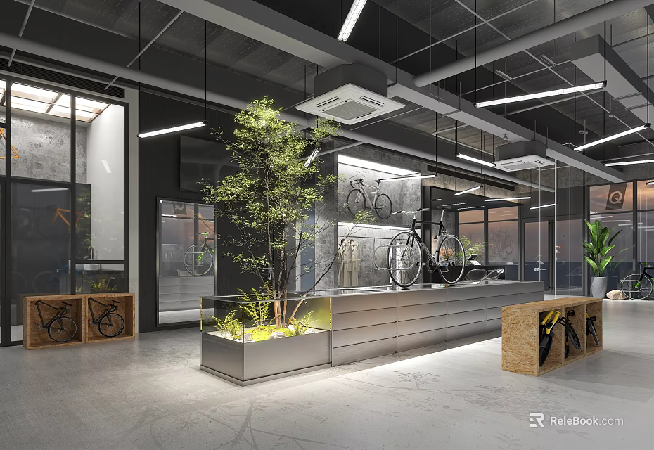 Industrial Style Bicycle Store Interior Design with Green Plant Bicycle Decorations and Modern Counter 3d model 