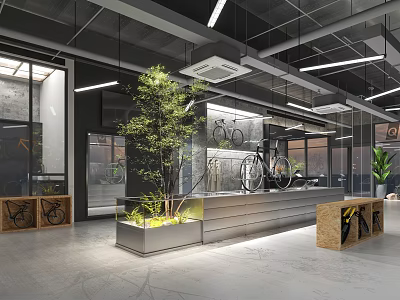 Industrial Style Bicycle Store Interior Design with Green Plant Bicycle Decorations and Modern Counter 3d model