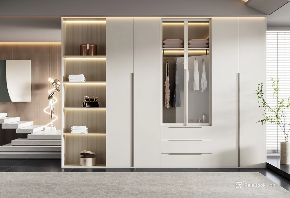 Modern White Wardrobe With Glass Door Hanging Clothes Open Shelves And LED Lighting 3d model 