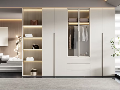 Modern White Wardrobe With Glass Door Hanging Clothes Open Shelves And LED Lighting 3d model