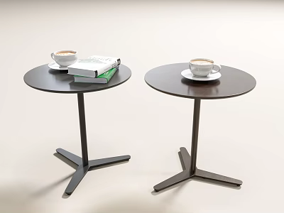 Two Modern Circular Side Tables With Black Legs Holding Coffee Cups And Books 3d model