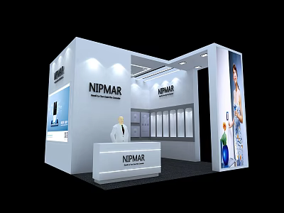 NIPMAR White Exhibition Booth with Reception Desk Product Displays and Brand Logo 3d model