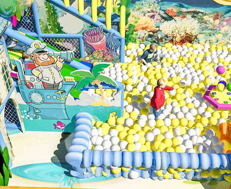 Fun Ocean Themed Playground Equipment With Ball Pit And Cartoon Decorations For Kids 3d model 