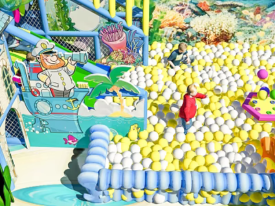 Fun Ocean Themed Playground Equipment With Ball Pit And Cartoon Decorations For Kids 3d model