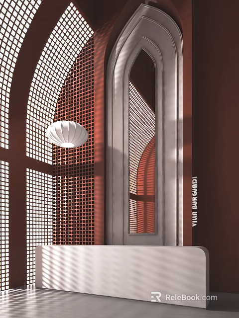 Modern Luxury Hotel Reception Desk with Elegant Perforated Screens Wooden Frame and White Pendant Light 3d model 