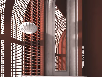 Modern Luxury Hotel Reception Desk with Elegant Perforated Screens Wooden Frame and White Pendant Light 3d model