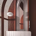 Modern Luxury Hotel Reception Desk with Elegant Perforated Screens Wooden Frame and White Pendant Light