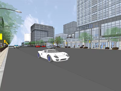 Modern Office Building with Glass Curtain Walls on Urban Street White Sports Car and Trees 3d model