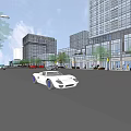 Modern Office Building with Glass Curtain Walls on Urban Street White Sports Car and Trees