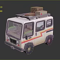 Cute Cartoon Style Mini Van With Wooden Boxes On Roof And Striped Exterior Design