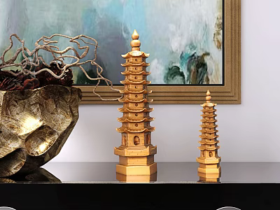 Golden Multi Layered Pagoda Ornament Set With Stone And Twig Decorations 3d model