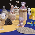 Colorful Animal Dolls with Purple Cabinet Hanging Decorative Balls and Woven Baskets on Blue Carpet